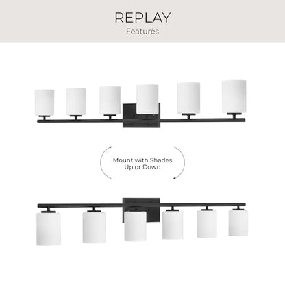 Progress Lighting Replay Collection 48 in. 6-Light Textured Black Etched White Glass Modern Bath Vanity Light - color: Textured Black, size: 6-Light