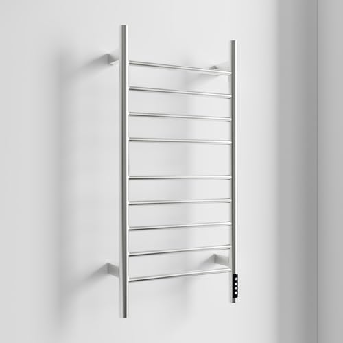 Brushed Nickel 9-Bar Heated Towel Rack with Smart Touch Screen Timer 304 Stainless Steel Wall Mounted Bathroom Towel Warmer Plug-in/Hard-Wired Waterproof IPX4
