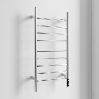 Brushed Nickel 9-Bar Heated Towel Rack with Smart Touch Screen Timer 304 Stainless Steel Wall Mounted Bathroom Towel Warmer Plug-in/Hard-Wired Waterproof IPX4