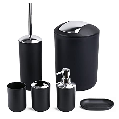 Compact 6-Piece Black Plastic Bathroom Accessories Set with Small Trash Can, Soap Dispenser, Toothbrush Holder, Cup, Soap Dish, Toilet Brush for Guest Bathroom Dorm Apartment - color: Black