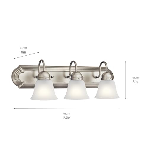 Kichler 24" 3-Light Vanity Bath Light in Brushed Nickel, Modern Bathroom Light with Clear Satin Etched Glass, (24" W x 8" H), 5337NIS - color: Brushed Nickel, size: 24"