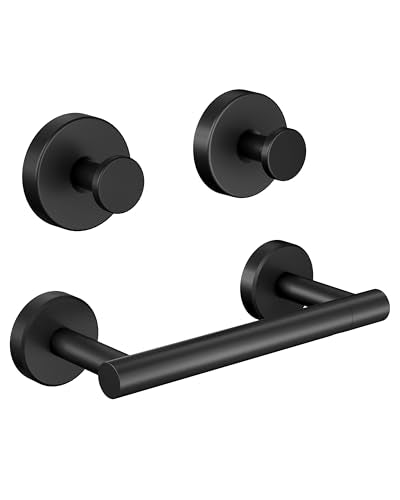 RARXTR 3PCS Bathroom Hardware Set, Matte Black Wall Mounted Toilet Paper Holder, 2 Suction Cup Towel Hooks, Bathroom Accessories SUS 304 Stainless Steel, Rust-Proof, Modern - color: Matte Black
