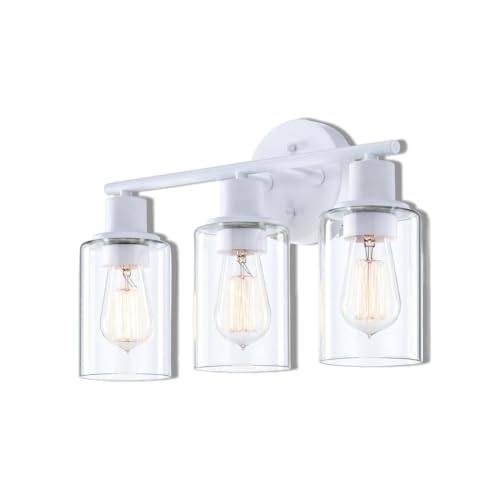 WISBEAM 3-Light Bathroom Vanity Wall Light, White Bathroom Light Fixtures Over Mirror with Clear Glass Shade Including E26 Medium Base, Bulb NOT Included - color: White, size: VNT004