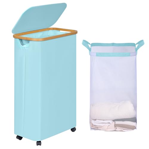 efluky Slim Laundry Hamper with Wheels, Narrow Laundry Basket with Lid and Removable Bag, Aesthetic Dirty Clothes Hamper on Wheels for Laundry Room, Bedroom, Dorm and Bathroom, 75L Beige - color: Glacier Blue, size: 75L