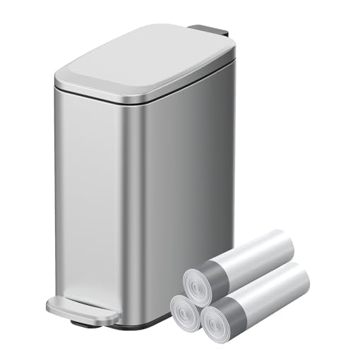 KUK Slim Bathroom Trash Can with Lid, 1.6 Gal / 6L Stainless Steel Small Garbage Bin with Detachable Inner Bucket, Step Pedal, Silent Close, Wastebasket for Toilet, Bedroom, Home, Office (Silver) - color: Silver