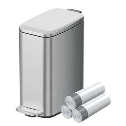 KUK Slim Bathroom Trash Can with Lid, 1.6 Gal / 6L Stainless Steel Small Garbage Bin with Detachable Inner Bucket, Step Pedal, Silent Close, Wastebasket for Toilet, Bedroom, Home, Office (Silver) - color: Silver