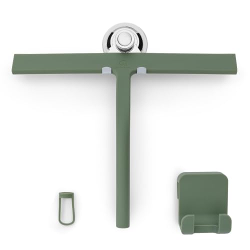 GÜTEWERK Silicone Shower Squeegee for Glass Doors & Mirrors with Stainless Steel Core, Streak-Free & No-Squeak Window Cleaning, 3-in-1 No-Drill Mount (Hook/Suction/Adhesive),Green, 11 Inches - color: Green, size: 11 Inches
