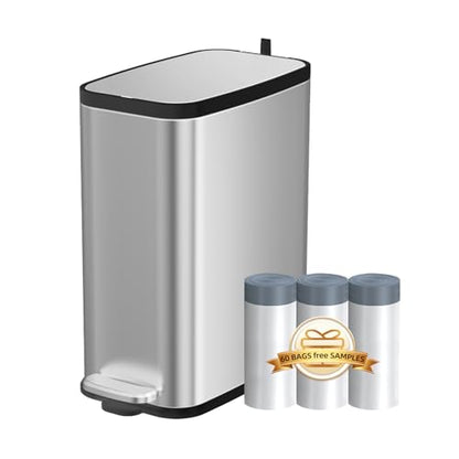 KdbK Stainless Steel Bathroom Trash Can with Lid Soft Close,1.6 Gallon Slim Garbage can,Small Metal Step Wastebasket for Office, Bedroom, Toilet, Live Room - color: Silver