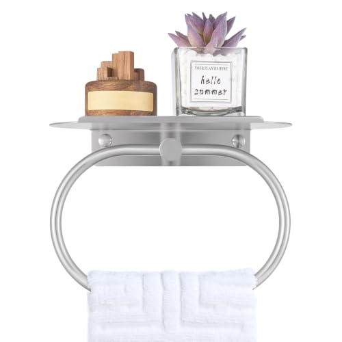 Suyar Bathroom Towel Ring with Shelf, Oval Hand Towel Holder Brushed Nickel | SUS304 Stainless Steel, 2-in-1 Space-Saving Design, Versatile Top Shelf for Small Plants Toiletries Soap Phones, Wall Mounted - color: Brushed Nickel
