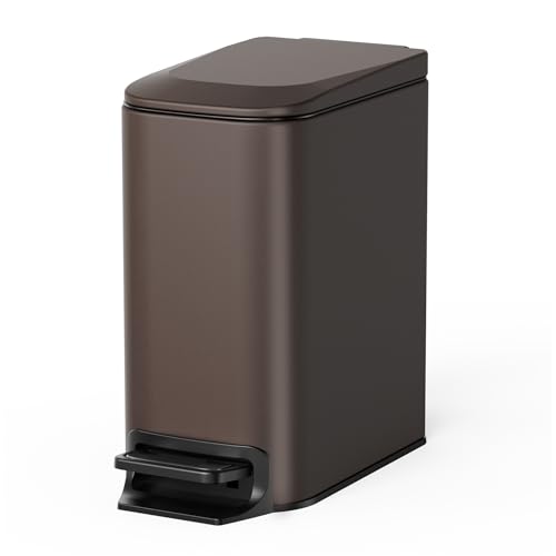 Cesun Small Bathroom Trash Can with Lid, 1.6 Gal, Soft Close, Brown | Step pedal soft close, Slim 5.9in fits narrow spaces, Stainless steel, Anti-fingerprint, Removable inner bucket, Odor seal - color: Brown