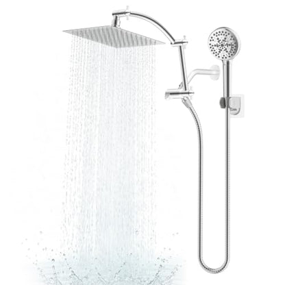 Hibbent All Metal 8" High Pressure Rain Shower Head Combo, Chrome | cUPC Certified Rainfall Shower Head with handheld 10 Sprays, 16'' Adjustable Extension Arm, 71'' Hose, Showerhead Holder - color: Chrome, style: Square 8''