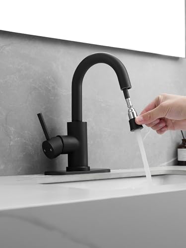 Black Bathroom Sink Faucet with Pull Out Sprayer for 1 Hole,Bar Sink with Pop-Up Drain,Single Handle Small Kitchen Faucet with 4 in Deck Plate,360°Swivel Faucet for Farmhouse Vanity - color: Black, style: Pull out-R