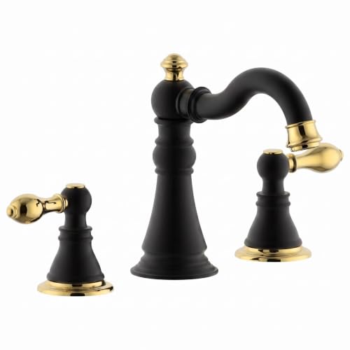 Matte Black with Brass 2-Handle 8 Inch Widespread Bathroom Faucet, 3 Holes | Derengge Traditional Widespread Sink Faucet, With Pop-Up Drain 360° Swivel Stainless Steel Spout, F-8805-MG - color: Matte Black with Polished Brass Trim
