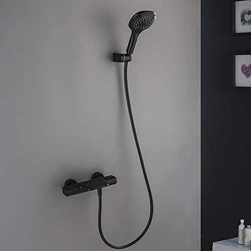 Wall Mounted Bathtub Faucet with Shower, Bath Shower Faucet System Mixer Thermostatic Mixer Taps Brass Shower Taps with Hand Shower and Shower Hose Set,Chrome,Black - color: Black