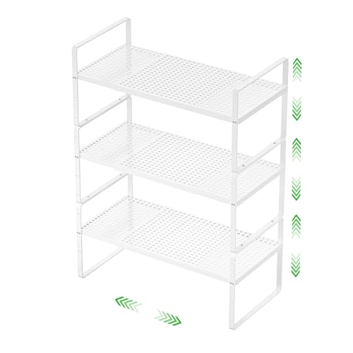 Expandable Cabinet Storage Shelf Stackable Organizer Rack for Kitchen Bathroom Pantry Spice Cupboard Coffee Countertop Home Office Desk Heavy Duty Nonslip White Small 3 Packs - color: White 3 Packs, size: Small - 8.1"W x (16.5"-27.1")L x 9.8"H