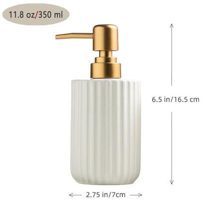 Chic Soap Dispenser, Vertical Stripe Design with Gold Pump(Yellow) | Cylinder-Shaped Ceramic Lotion Dispenser - color: White