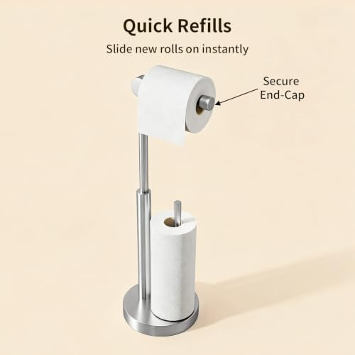 Toilet Paper Stand with Storage & Weighted Base, Brushed Nickel | Free Standing Stainless Steel Design with Open-Ring Arm for Easy Roll Replacement - color: Brushed Nickel
