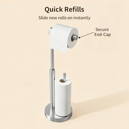 Toilet Paper Stand with Storage & Weighted Base, Brushed Nickel | Free Standing Stainless Steel Design with Open-Ring Arm for Easy Roll Replacement - color: Brushed Nickel