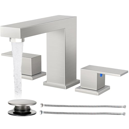Cobbe Bathroom Faucet 3 Hole, Brushed Nickel Bathroom Sink Faucet 8 Inch | Widespread Square with Pop-Up Drain, 2 Handle and 2 Supply Hoses, Lead-Free Stainless Steel, For Vanity, RV, Farmhouse - color: Brushed Nickel-2, size: 8 Inch Widespread