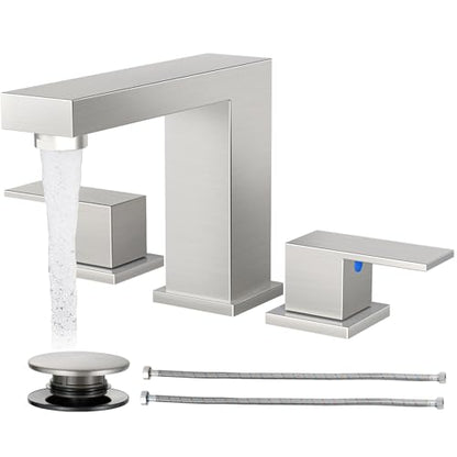 Cobbe Bathroom Faucet 3 Hole, Brushed Nickel Bathroom Sink Faucet 8 Inch | Widespread Square with Pop-Up Drain, 2 Handle and 2 Supply Hoses, Lead-Free Stainless Steel, For Vanity, RV, Farmhouse - color: Brushed Nickel-2, size: 8 Inch Widespread