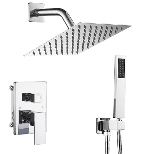 Shower System Polished Chrome Bathroom Rainfall Shower Faucet Set Complete Wall Mounted 8 Inch Shower Head and Handle Set with Rough-in Valve Body and Trim Kit - color: Polished Chrome, size: 8 Inch