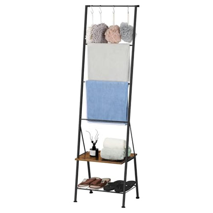 BTY Blanket Ladder Black Towel Ladder with Shelf Metal Blanket Ladder Holder for Bathroom Standing Ladder Towel Rack with Hooks Stocking Holders for Living Room Bedroom Laundry Room