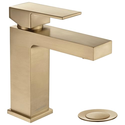 Champagne Gold Single Hole Bathroom Faucets, BF307-CB | Brushed Gold Bathroom Sink Faucet Single Handle Vanity Faucet with Drain Assembly, Deck Plate Included - color: Champagne Gold