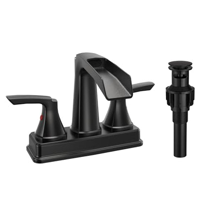 Fapully Matte Black Waterfall Bathroom Faucet, Centerset Bathroom Faucet | Lead-Free Brass, 4 Inch Faucet for Bathroom Sink with Pop-up Drain - color: Matte Black