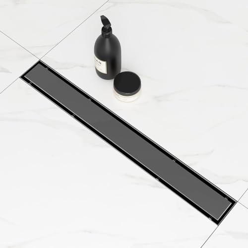 SaniteModar 24 inch Linear Shower Drain Matte Black with Tile Insert Grate | AISI 304 Stainless Steel Brushed Shower Floor Drain Rectangle Linear Drain with Hair Fliter and Adjustable Feet - color: Matte Black, size: 24 inch