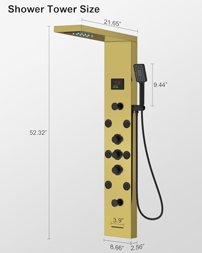 Homevacious Polished Gold 5 In 1 Shower Panel Tower System Stainless Steel | LED Rain Waterfall Shower Head and Adjustable Massage Body Jets 3 Settings Handheld Head and Tub Spout Bathroom Panel - color: Polished Gold