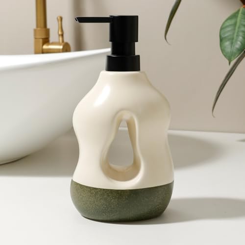 BosilunLife Ceramic Soap Dispenser - Soap Pump Dispenser Bathroom Kitchen Modern Farmhouse Elegant Refillable Soap Dispenser Lotion Hand Pump Dispenser for Kitchen Sink (Beige with Sage Base, 15oz) - color: Beige With Sage Base