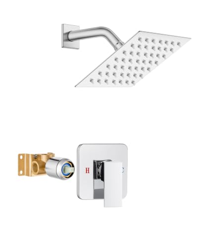 Heyalan 6 Inch Square Rain Shower Faucet Set with Valve, Polished Chrome | Female-thread 1/2-inch NPT connections, SUS304 shower head, brass rough-in valve, single-handle control Shower Set - color: Chrome, size: 6 Inch Square Shower Head