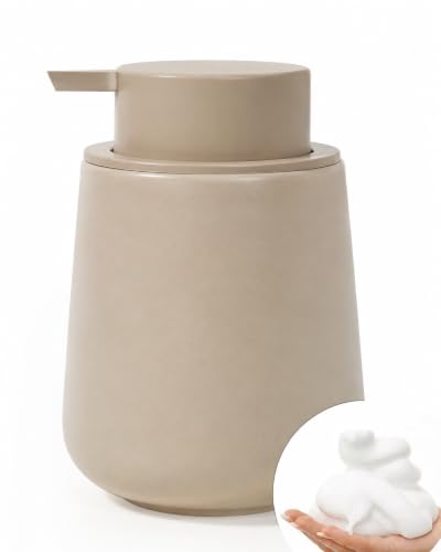 Bosilunlife 12Oz Ceramic Foam Soap Dispenser for Bathroom Kitchen Counter | Premium countertop foam pump creates delicate dense foam, stable desktop placement, Khaki - color: Khaki