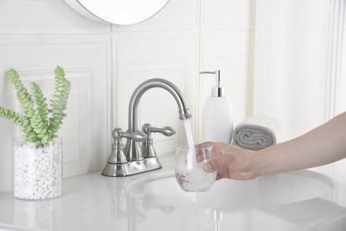 Brushed Nickel 4 Inch Centerset Bathroom Faucet 3 Hole with Drain,2 Pack | Derengge High Arc Classic 2-Handle Bathroom Faucet, Vanity Lavatory Faucet with 360° Swivel Spout，BF-4501D-BN - color: Brushed NickelX2