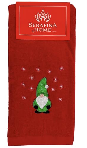Holiday Christmas Guest Hand Towels: Festive Embroidered Gnome Country Farmhouse Red Terrycloth Towels with Winter Theme, 2 pc, 16 x 25 - color: Green Gnome on Red