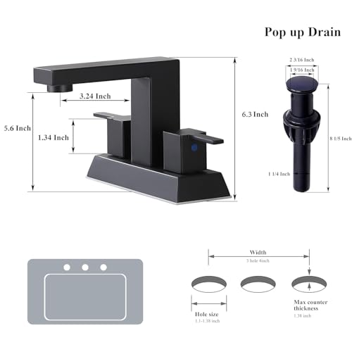 Friho Matte Black Bathroom Sink Faucet, 4 inch Bathroom Faucets for Sink 3 Hole with Water Hoses and Pop up Drain，Stainless Steel 2-Handle Centerset Bathroom Faucet for Vanity RV Restroom, FR2DST201B - color: Black