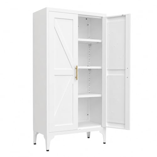 47" Kitchen Pantry Storage Cabinets with 2 Doors and 3 Adjustable Shelves, White Pantry Cabinet, Tall Metal Food Storage Cupboard for Kitchen, Dining Room - color: White, size: 47H