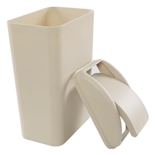 Obstnny 3.2 Gallon Slim Plastic Trash Can for Narrow Spaces, Khaki, 14L | Swing Lid Garbage Can Use at Home or Office