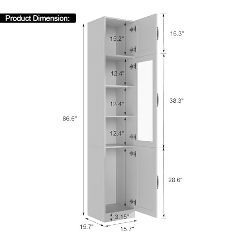Bobve 86.6" H Extra Tall Narrow Storage Cabinet Set, Tall Bathroom Cabinet with Glass Door and Shelves, 5-Tier Free-Standing Cube for Bathroom, Living Room, Kitchen, White - size: 2-Pack