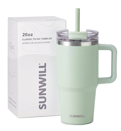 SUNWILL Travel Coffee Mug with Lid, 20 oz Tumbler with Handle and Straw Leak Proof, Stainless Steel Cup Insulated for Office & Gym, Cupholder Friendly, Powder Coated Matcha Cream - color: Powder Coated Matcha Cream, size: 20 Ounces