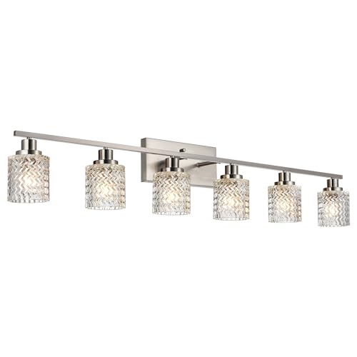 MELUCEE 6 Lights Bathroom Lighting Fixtures Over Mirror Brushed Nickel | Vanity Light with Hammered Glass Shade Indoor Wall Mounted Lamp for Bathroom Bedroom Kitchen - color: Brushed Nickel, size: 6 Lights