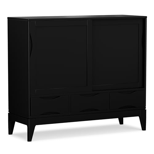 SIMPLIHOME Lev 39" Wide Solid Wood Storage Cabinet in Smoky Brown - color: Black, size: 48 inch
