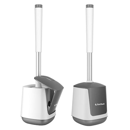 SetSail Toilet Brush and Holder 2 Pack, Self Closing Lid Toilet Bowl Brushes Holder and Extra Long Handle Ventilated Toilet Brush Set for Bathroom Cleaning, Nylon Bristles, White & Grey - color: White & Grey, size: 2 packs