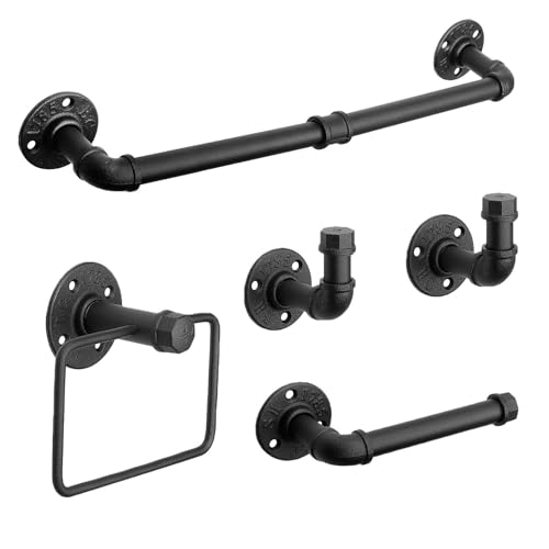5-Pieces Industrial Pipe Bathroom Accessories Hardware Kit DIY Wall Mounted Includes Towel Bar Robe Hooks Toilet Paper Holder and Towel Ring (Black, 18 Inch)