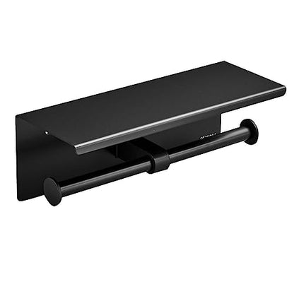 Toilet Paper Holder with Phone Shelf, Wall Mounted Stainless Steel Tissue Dispenser for Bathroom (Double Roll-Black) - color: Double Roll-black