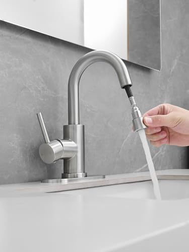 Brushed Bathroom Sink Faucet with Pull Out Sprayer for 1 Hole,Bar Sink with Pop-Up Drain,Single Handle Small Kitchen Faucet with 4 in Deck Plate,360°Swivel Faucet for Farmhouse Vanity - color: Brushed Nickel, style: Pull out-R