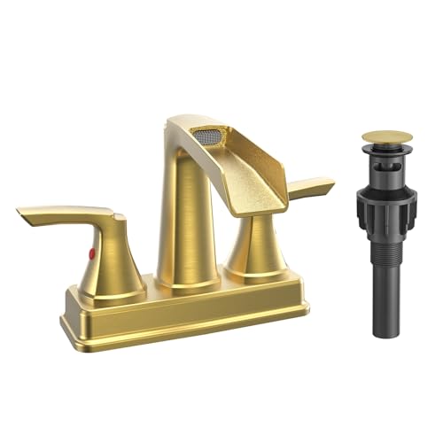 Fapully 4 Inch Centerset Waterfall Bathroom Faucet Brushed Gold | Lead-Free Brass, Llave De Lavamanos De Baño, Bathroom Sink Faucet for Bathroom Sink with Pop-up Drain, - color: Brushed Gold