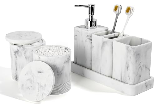 Bathroom Accessories Set, 6 Piece Soap Dispenser Set - Marble White | Bathroom Set with Toothbrush Holders, Soap Dispenser, Vanity Tray, Tumbler, Cotton Swab Jars, Bathroom Organizer and Storage - color: White