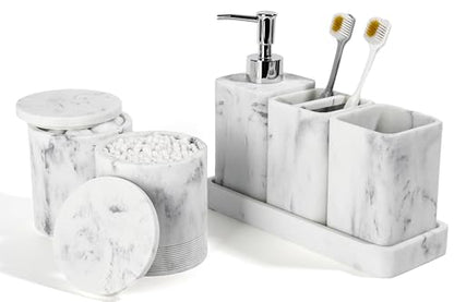 Bathroom Accessories Set, 6 Piece Soap Dispenser Set - Marble White | Bathroom Set with Toothbrush Holders, Soap Dispenser, Vanity Tray, Tumbler, Cotton Swab Jars, Bathroom Organizer and Storage - color: White