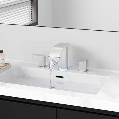 RUMOSE LED Bathroom Faucets Set 3 Hole Vanity Faucet with Pop Up Drain | Brushed Nickel Bathroom Sink Faucet, Widespread Waterfall, 3 Colors Light Changing, Stainless Steel, Deck Mounted - color: Brushed Nickel